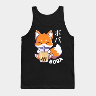 Kawaii Cute Fox Sipping Boba Milk Tea Tank Top